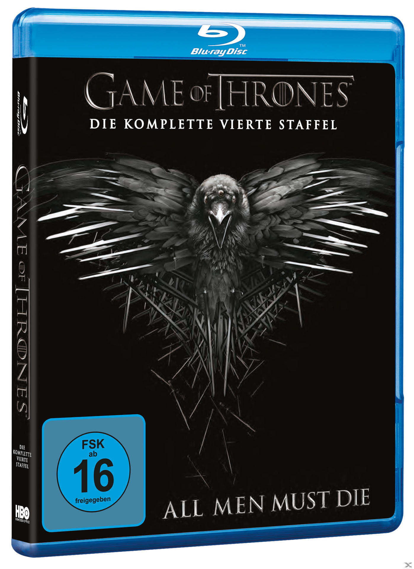Blu-ray-Hülle für Game of Thrones, schwarzer Hintergrund mit Krähenbild.
