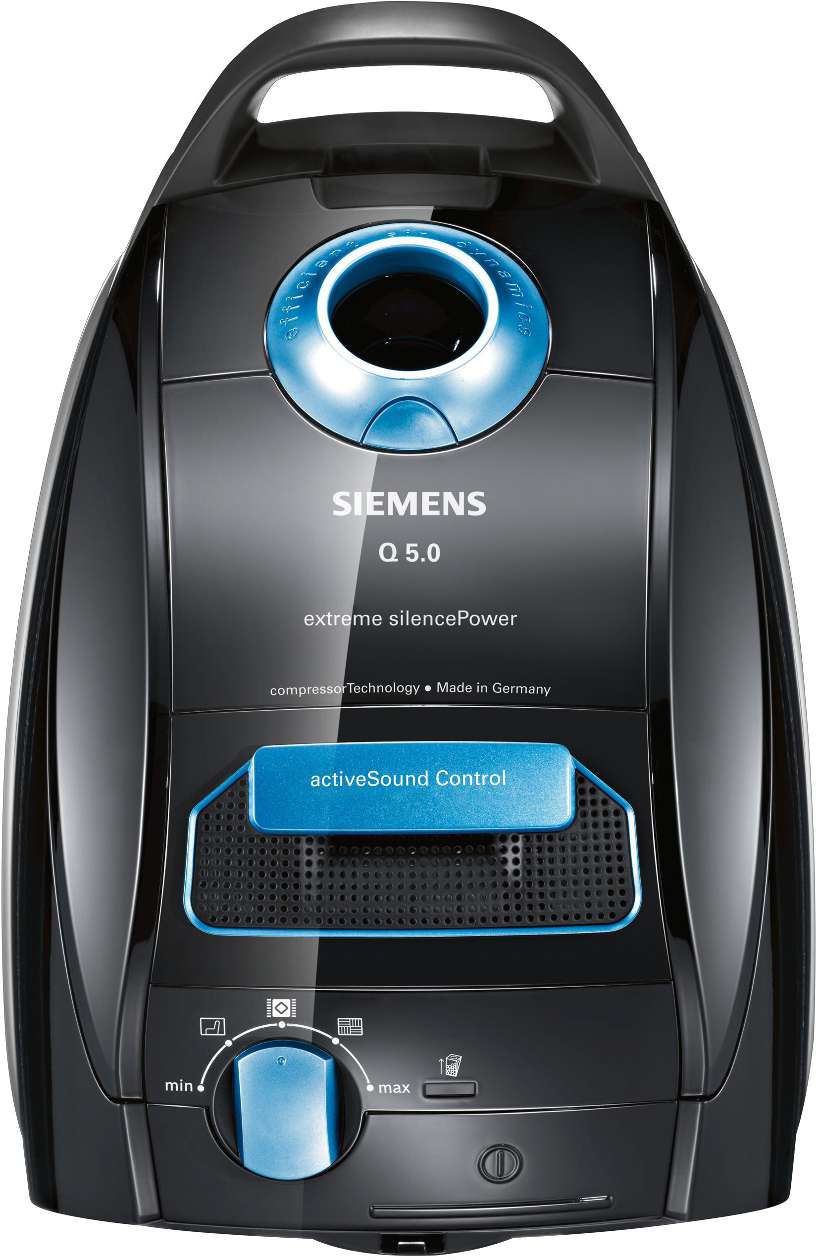 Schwarzer Staubsauger mit blauen Akzenten und einem blauen Bedienfeld. Der Markenname ist Siemens.