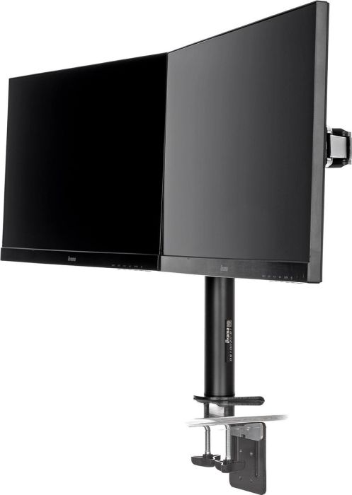 Zwei schwarze Computermonitore nebeneinander auf einem Ständer. Der Ständer hat eine Klemme zur Tischbefestigung.