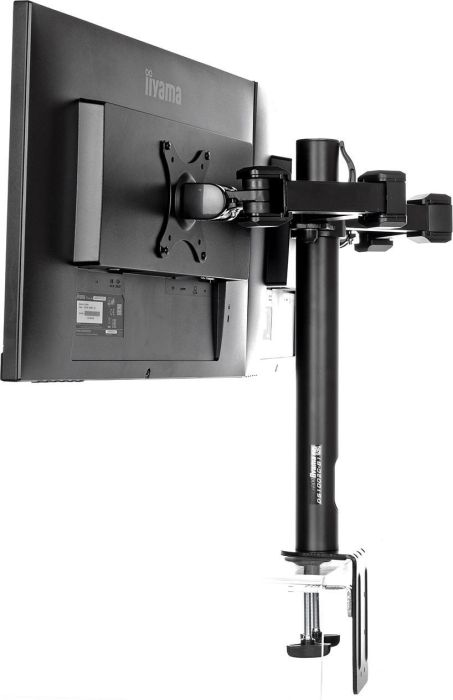 Monitor an einem schwarzen Arm montiert, an einer Klemme und einem Schreibtisch befestigt.