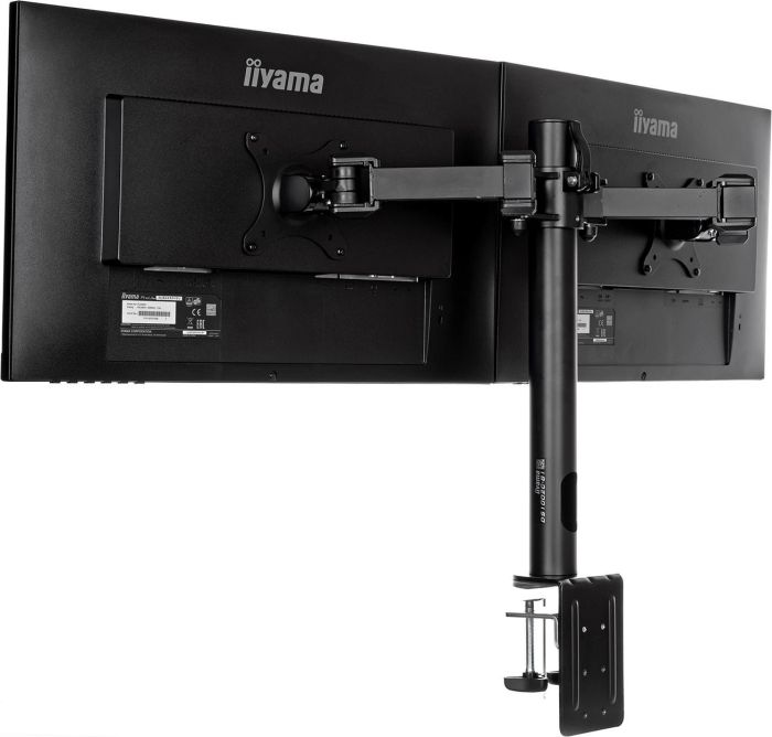 Zwei schwarze Computermonitore, montiert an einem Dual-Monitorarm, Rückansicht.