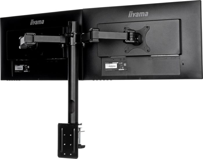 Zwei Computermonitore, montiert an einem schwarzen Arm. Die Rückseite ist sichtbar.