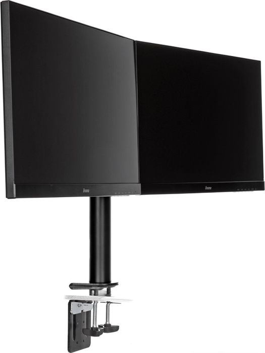Zwei schwarze Computermonitore, die auf einem schwarzen Ständer mit Klemme montiert sind.