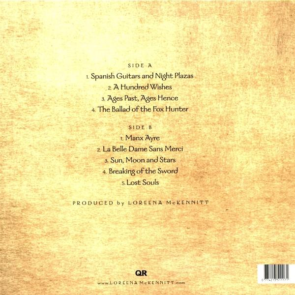 Egy bakelit lemez, dalcímekkel, köztük a 'Spanish Guitars and Night Plazas' és a Loreena McKennitt logójával.