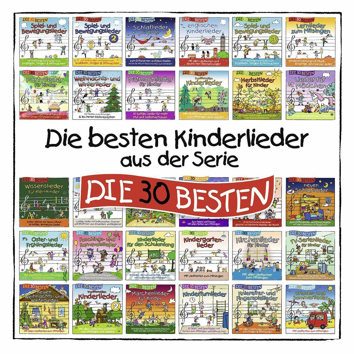 Sammlung von Kinder-Musikalben mit bunten Covern. Text 'Die besten Kinderlieder' (Die besten Kinderlieder).