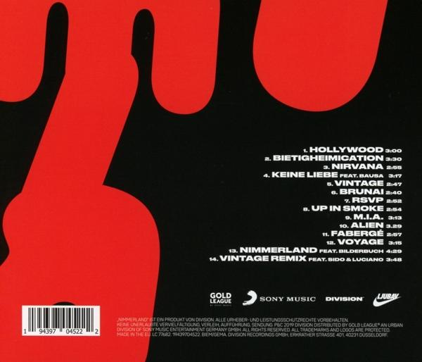 Die Rückseite eines Albums mit rotem Design und einer Titelliste. Das Album ist schwarz und rot.
