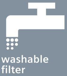 Eine Grafik, die einen Wasserhahn und die Worte 'waschbarer Filter' auf grauem Hintergrund zeigt.