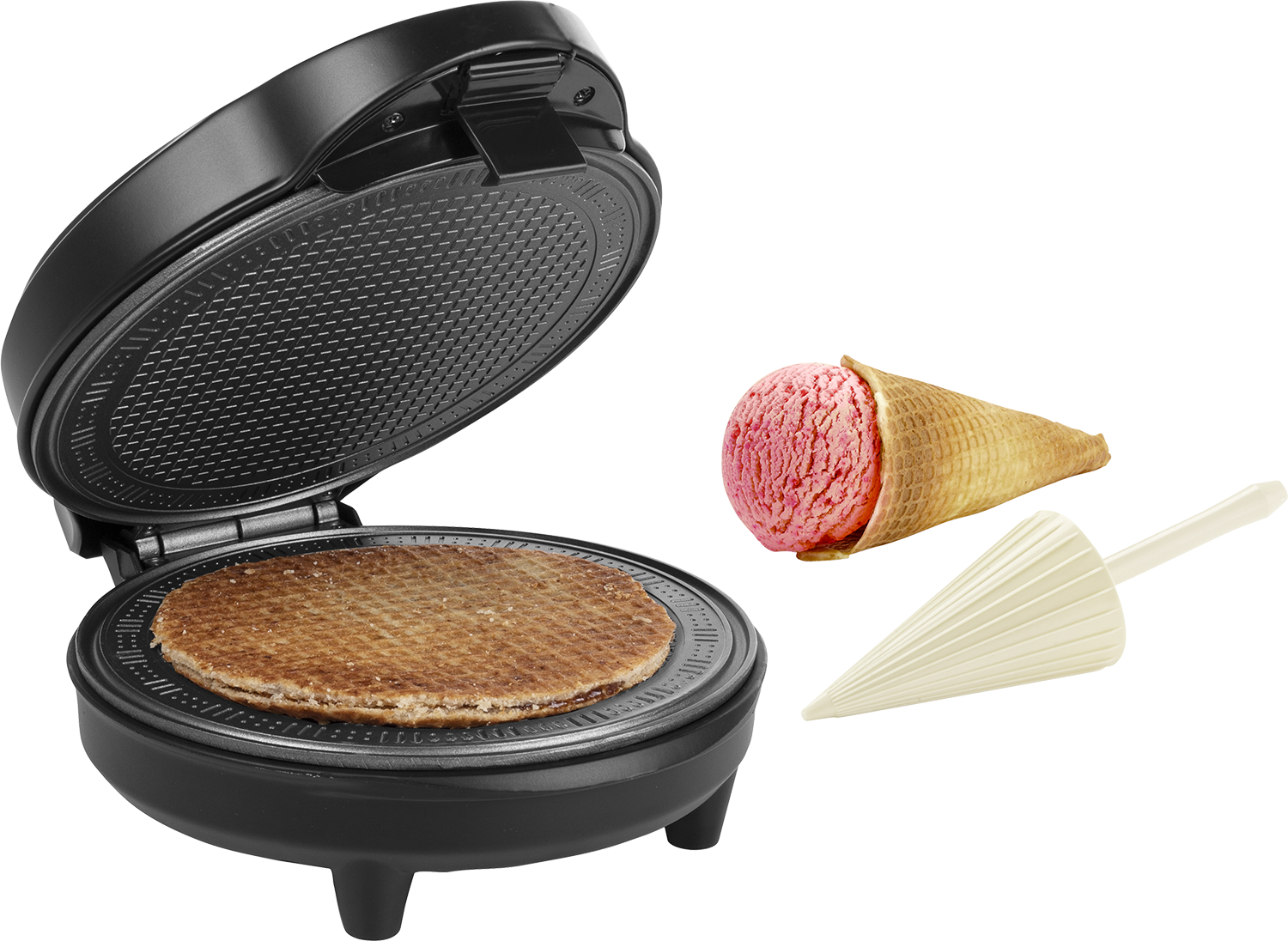 Waffle maker open with waffle inside. Ice cream cone and scoop are beside it.