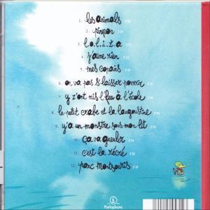 Achterkant van een cd met songtitels en een tekening van een eend in water, blauwe achtergrond.