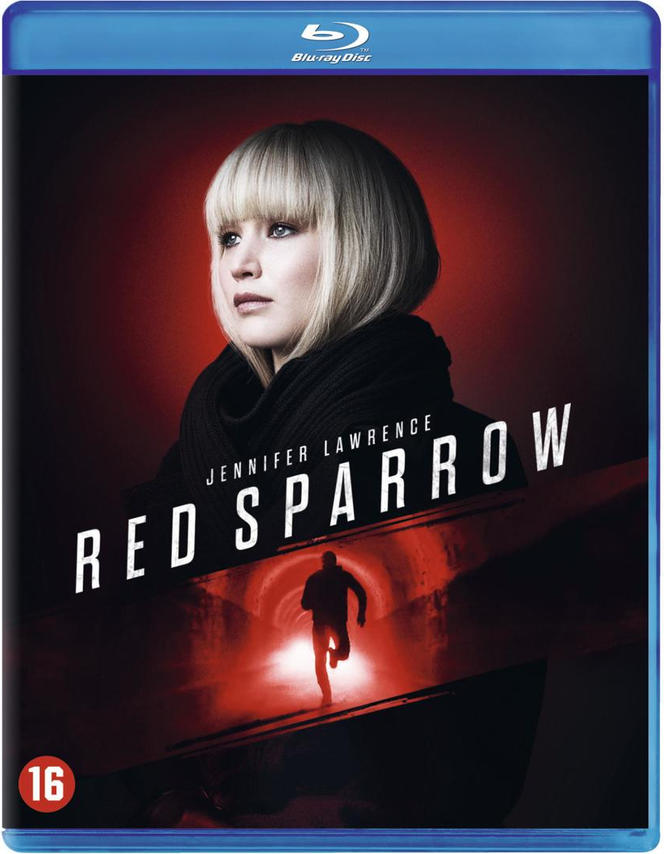 Couverture Blu-ray de Red Sparrow avec Jennifer Lawrence et un fond flou de tunnel.