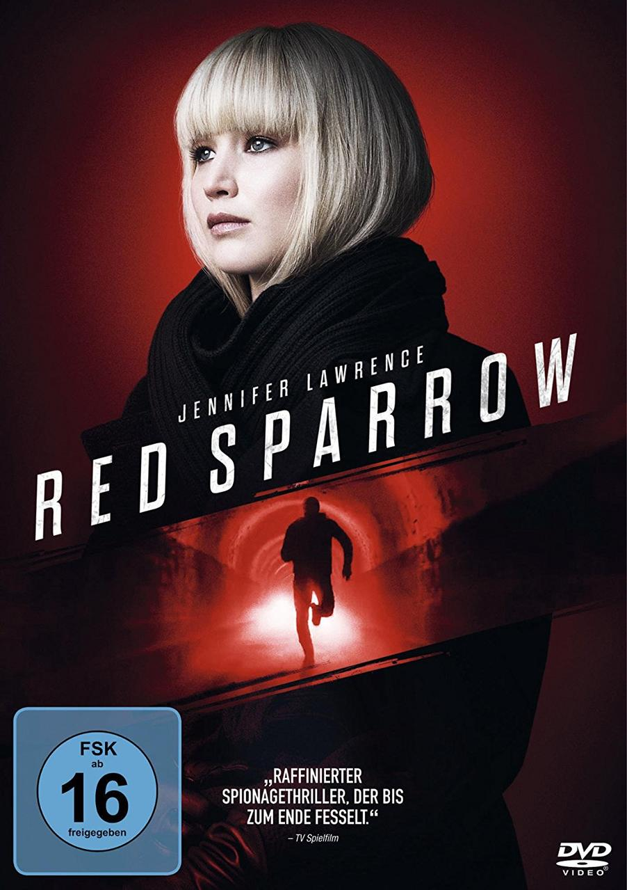 DVD-Cover von 'Red Sparrow' mit Jennifer Lawrence. Es zeigt sie und einen rennenden Mann in einem Tunnel.