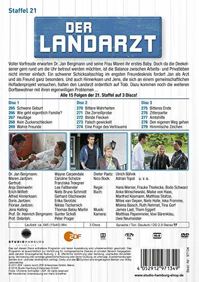 DVD-Hülle für 'Der Landarzt' Staffel 21. Enthält Schauspieler, Episodentitel und ein Serienlogo in einer blauen Box.