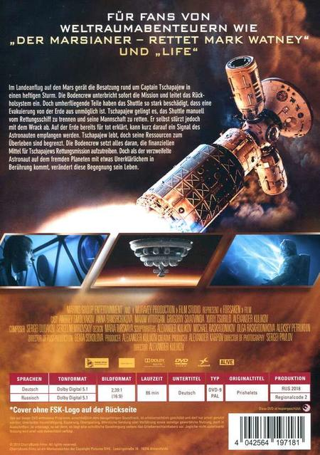 DVD-Cover auf Deutsch. Weltraumstation und Weltraumbilder. Text über einen Film namens 'Der Marsianer'.