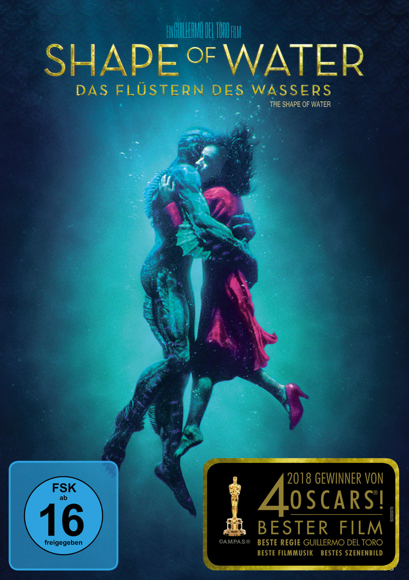 DVD-Cover für Shape of Water. Ein Mann und eine Frau umarmen sich unter Wasser. Titel und Regisseur sind sichtbar.