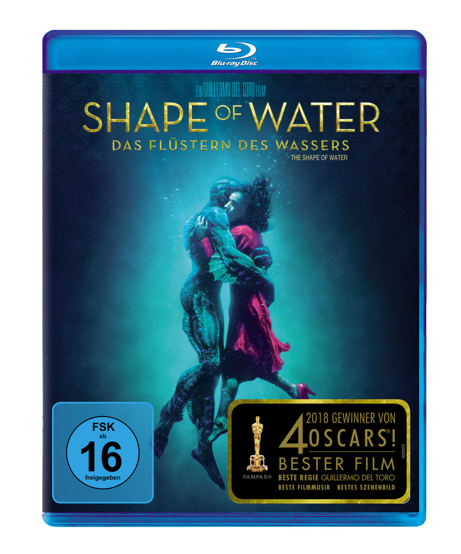 Blu-ray-Cover mit einem Mann und einem Wesen, die sich unter Wasser umarmen. Text: Shape of Water und Auszeichnungen.
