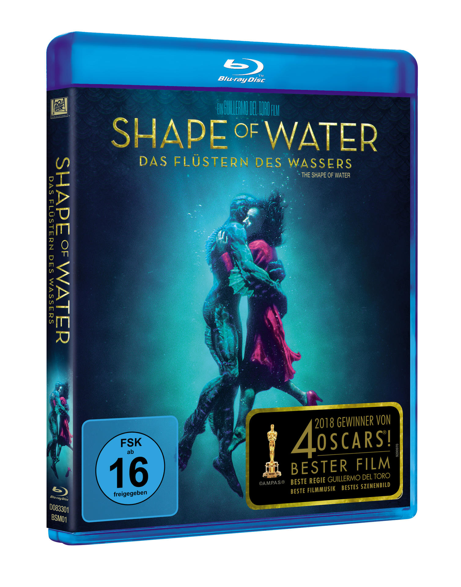 The Shape of Water Blu-ray-Hülle mit Filmkunstwerk und Text.