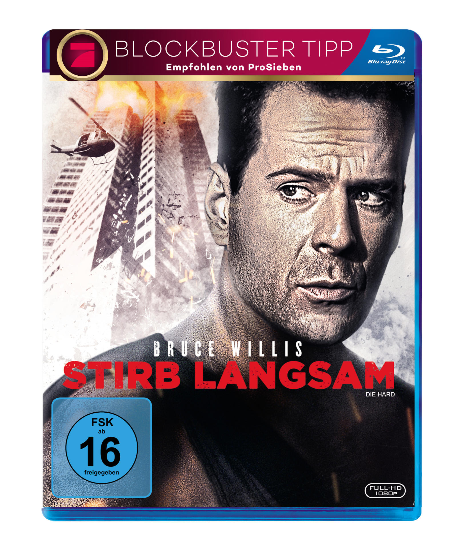 DVD-Cover für Stirb Langsam, mit Bruce Willis. Im Hintergrund sind ein Hubschrauber und Wolkenkratzer zu sehen.