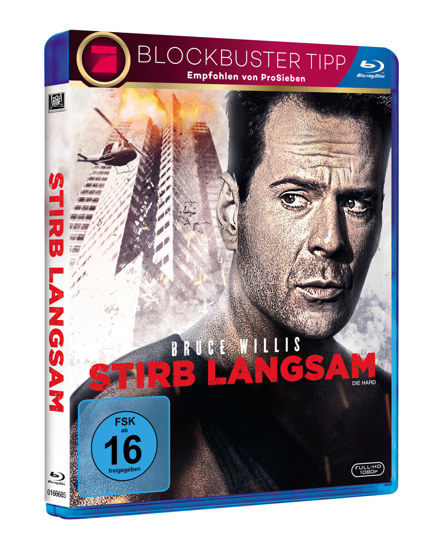 DVD-Cover des Films Stirb Langsam mit Bruce Willis, einer Stadtkulisse und einem Bewertungssiegel.