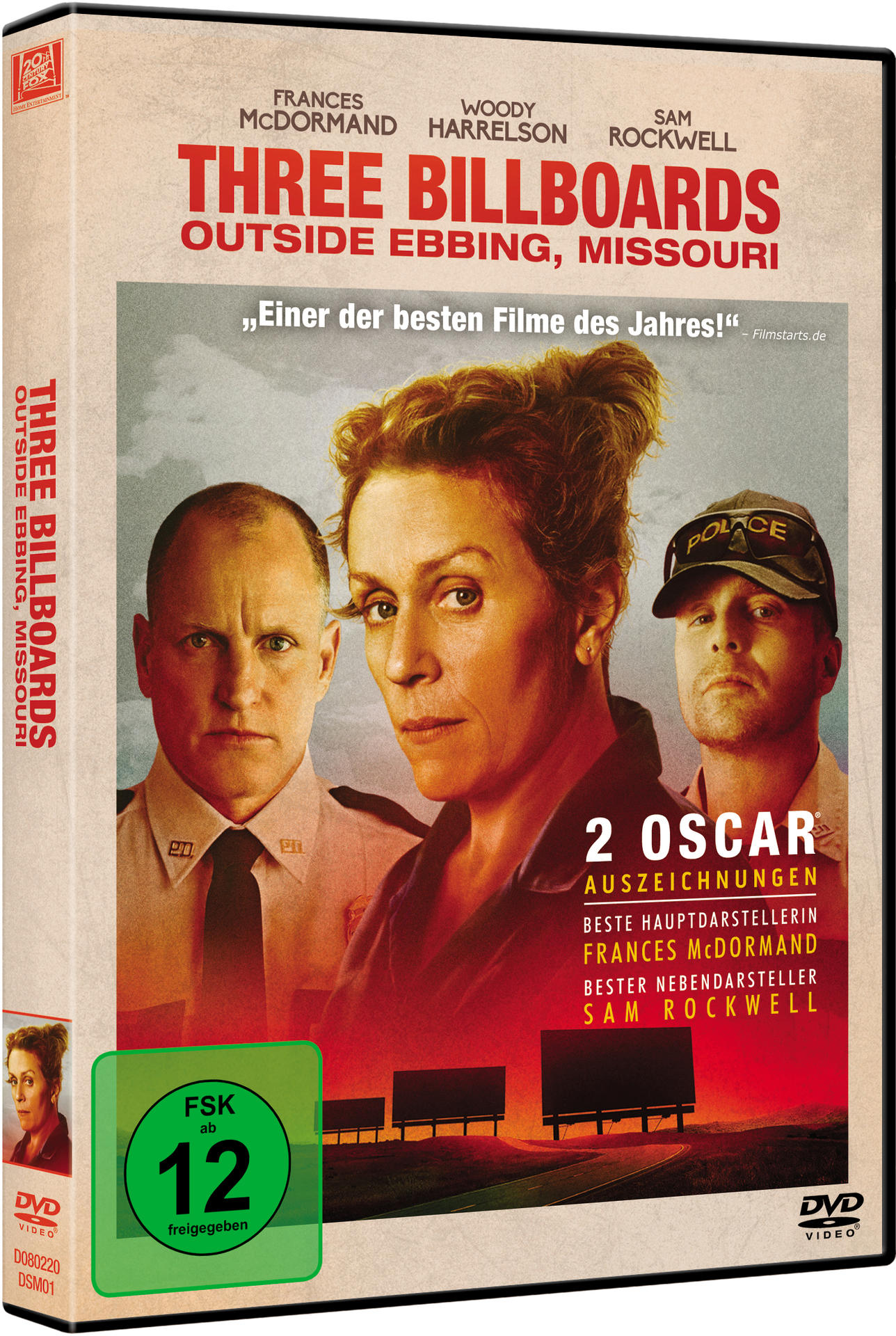 Das DVD-Cover von 'Three Billboards Outside Ebbing, Missouri' mit Schauspielern und dem Filmtitel.