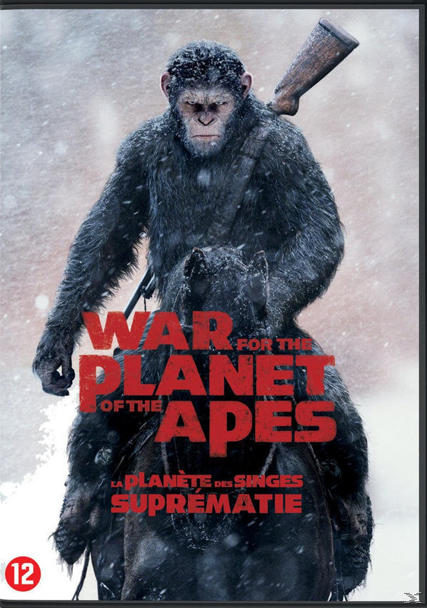 DVD-hoes van 'War for the Planet of the Apes', aap op paard, sneeuw.