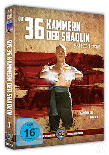 DVD-Hülle mit einem Mann in Kampfsportpose. Der Titel lautet 'Die 36 Kammern der Shaolin'.
