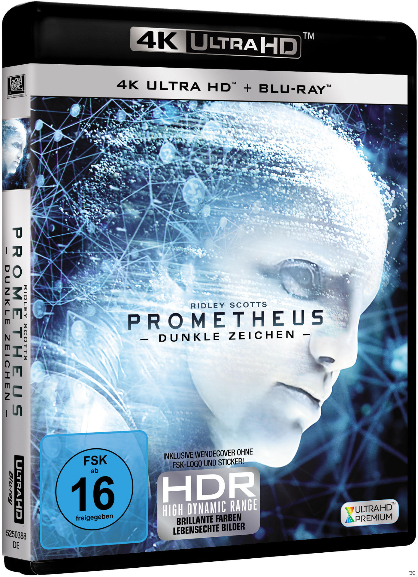 Prometheus 4K Ultra HD Blu-ray Box. Blau-weißes Cover mit Gesichtsabbildung. FSK 16-Bewertung.