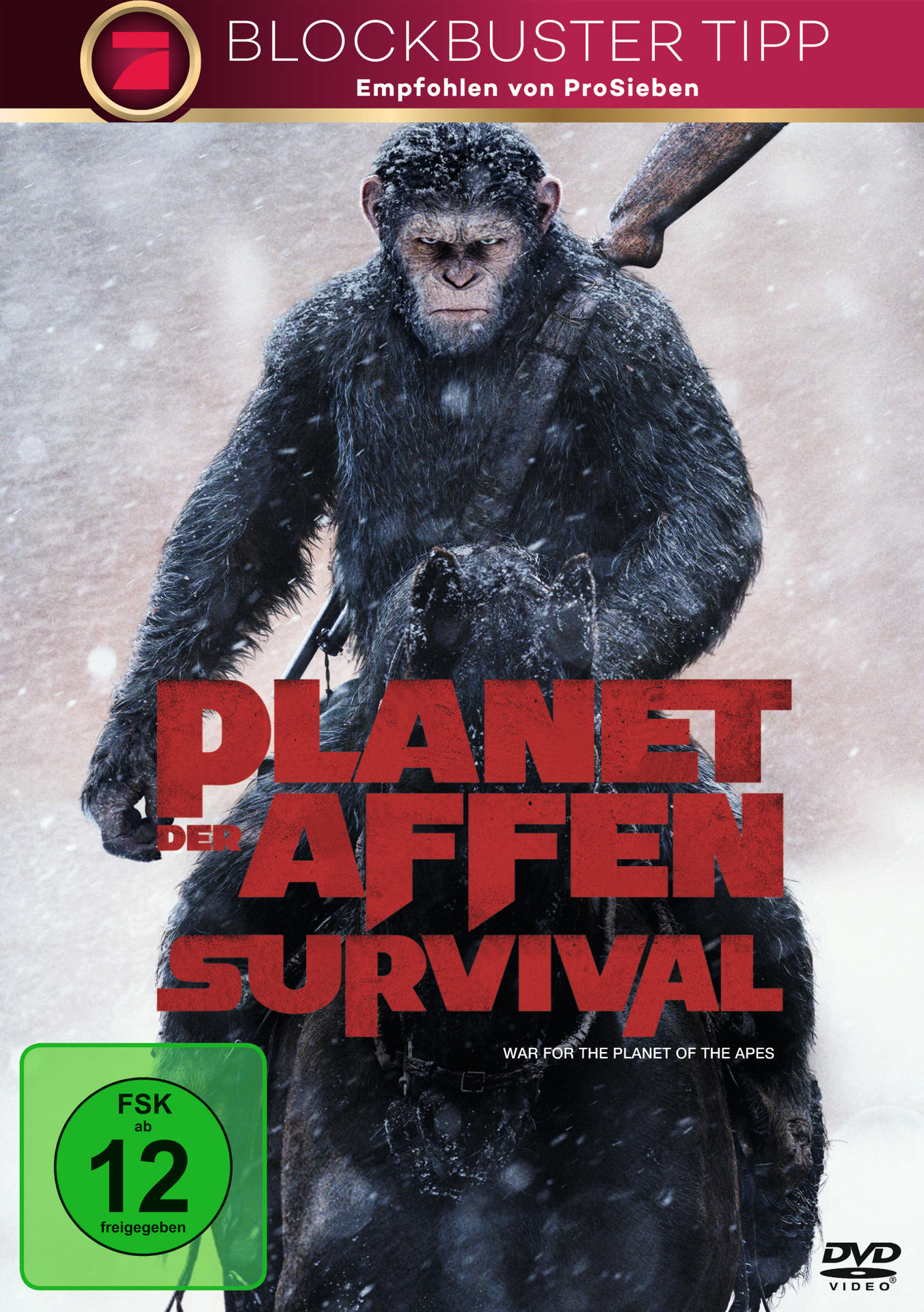 Krieg für den Planeten der Affen DVD-Cover. Ein Affe reitet auf einem Pferd vor schneebedecktem Hintergrund. Schwarze DVD-Hülle.