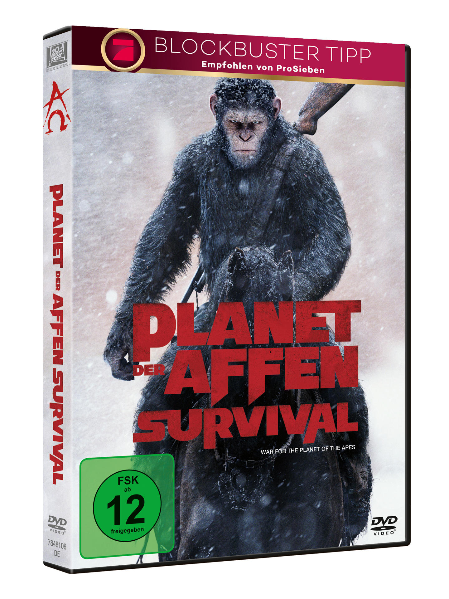 DVD-Hülle mit Filmplakat, das einen Affen im Schnee zeigt, mit Text auf Deutsch.