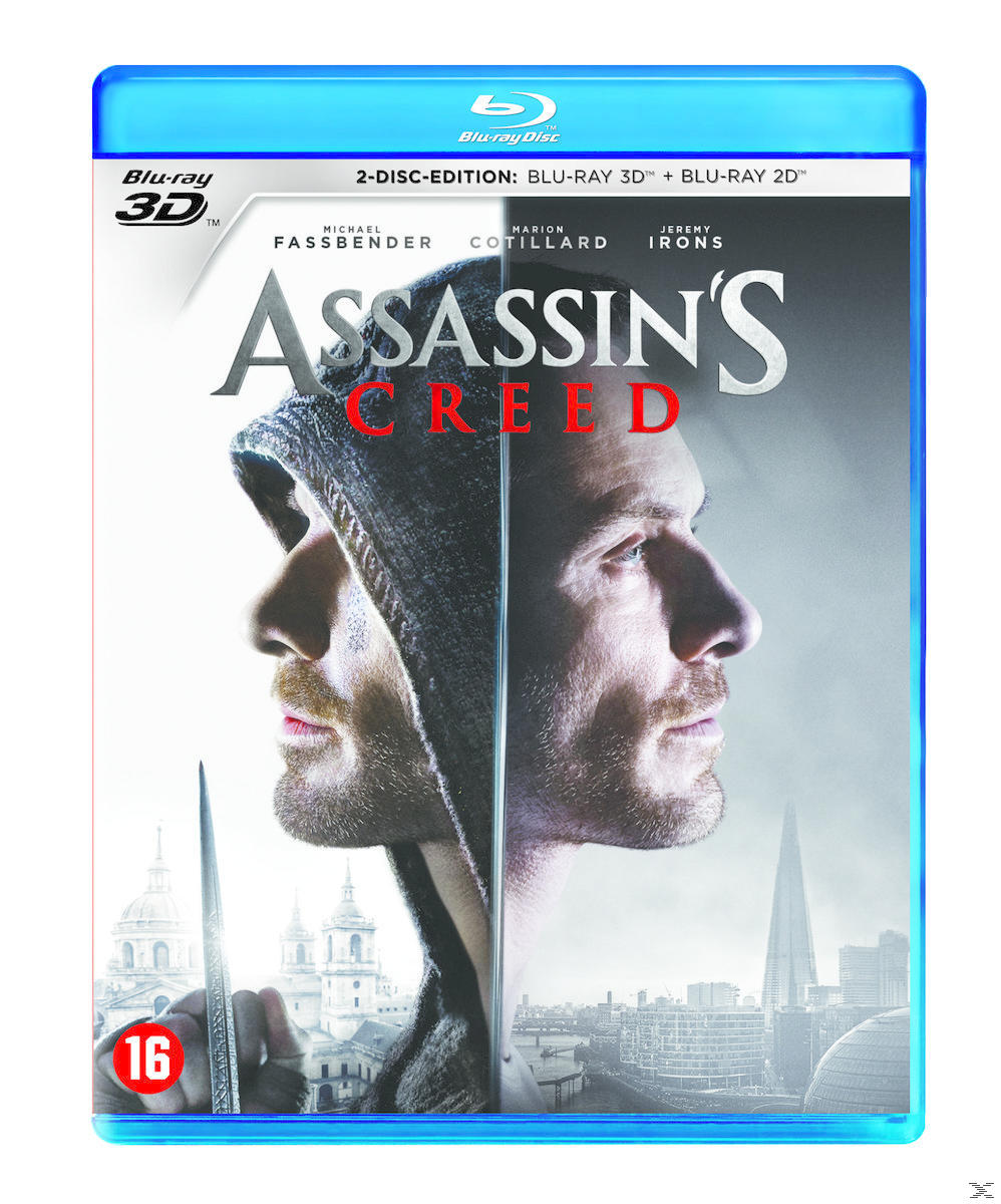 Assassin's Creed Blu-ray cover met een gesplitst gezicht van een man en een stad.