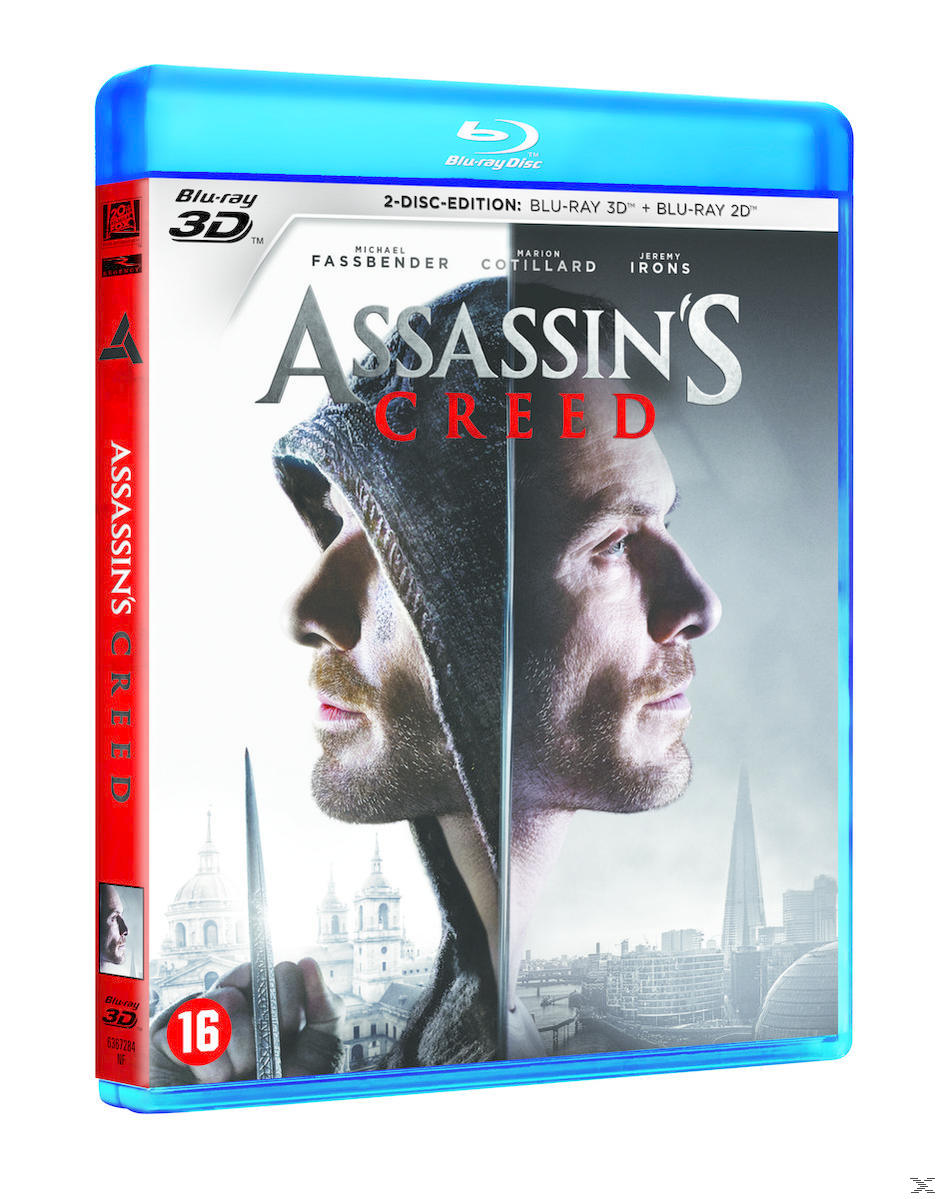 Blu-ray-hoes van "Assassin's Creed". Het toont twee gezichten, een stadsgezicht en de titel.