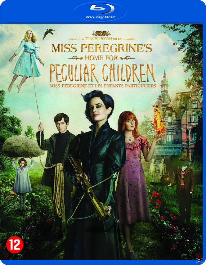 Filmposter voor Miss Peregrine's Home for Peculiar Children. Personages in een tuin.