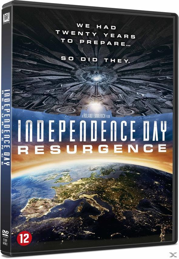 Independence Day: Resurgence dvd-hoes. Ruimteschip boven een stad en de aarde.