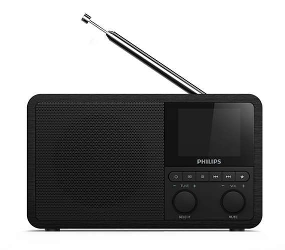 Schwarzes Philips-Radio mit Antenne. Hat ein Display, Knöpfe und Lautsprechergitter. Weißer Hintergrund.