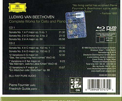 CD-Cover mit Beethovens Gesamtwerk für Cello und Klavier. Zeigt Text und ein Bild des Komponisten.