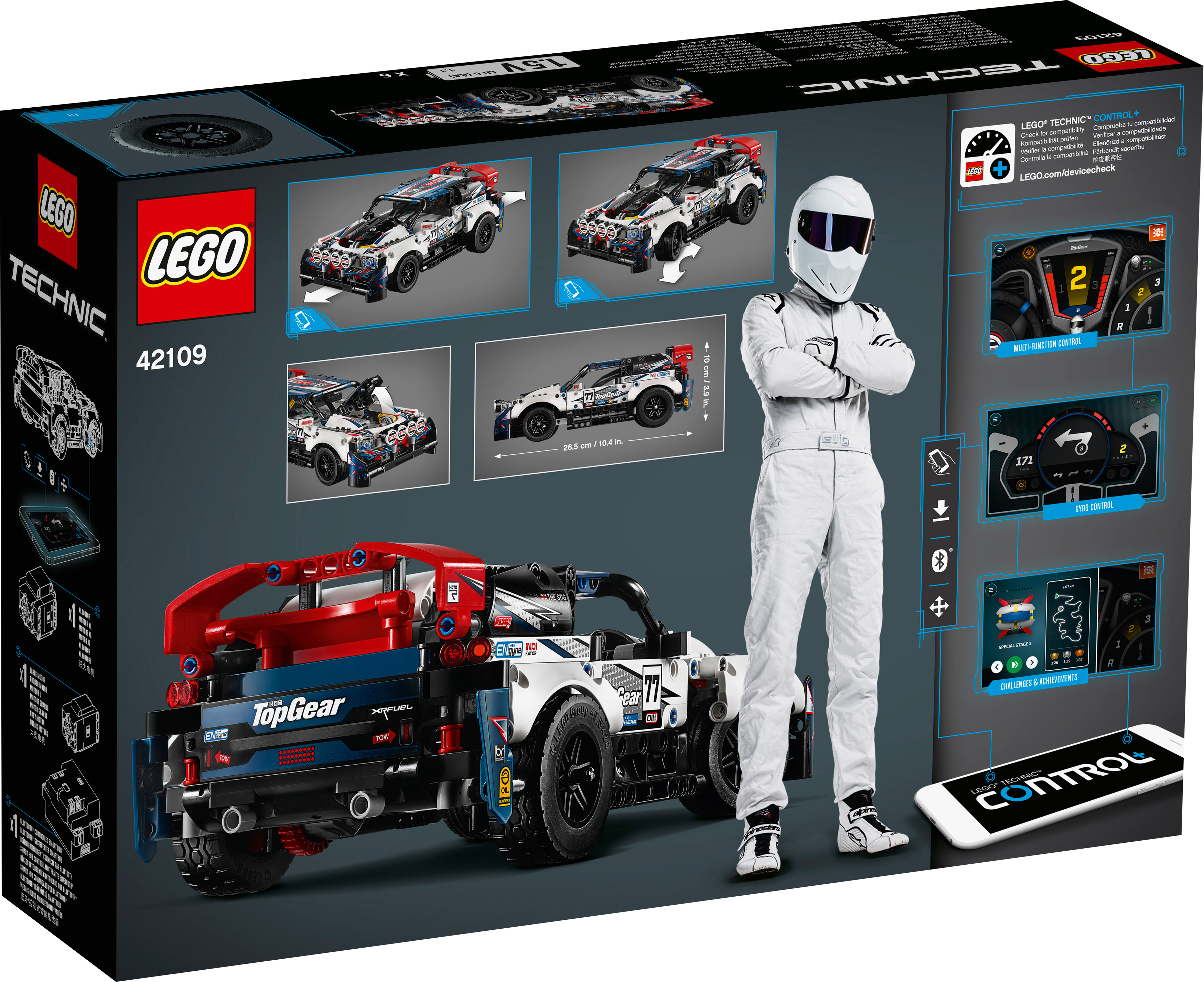 LEGO Technic Box-Rückseite, die ein Auto und eine Person zeigt, mit einigen Steuerungsoberflächengrafiken.