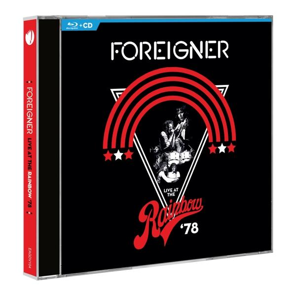 CD-Cover für Foreigner Live at the Rainbow '78, mit rotem Regenbogen-Design auf schwarzem Hintergrund.