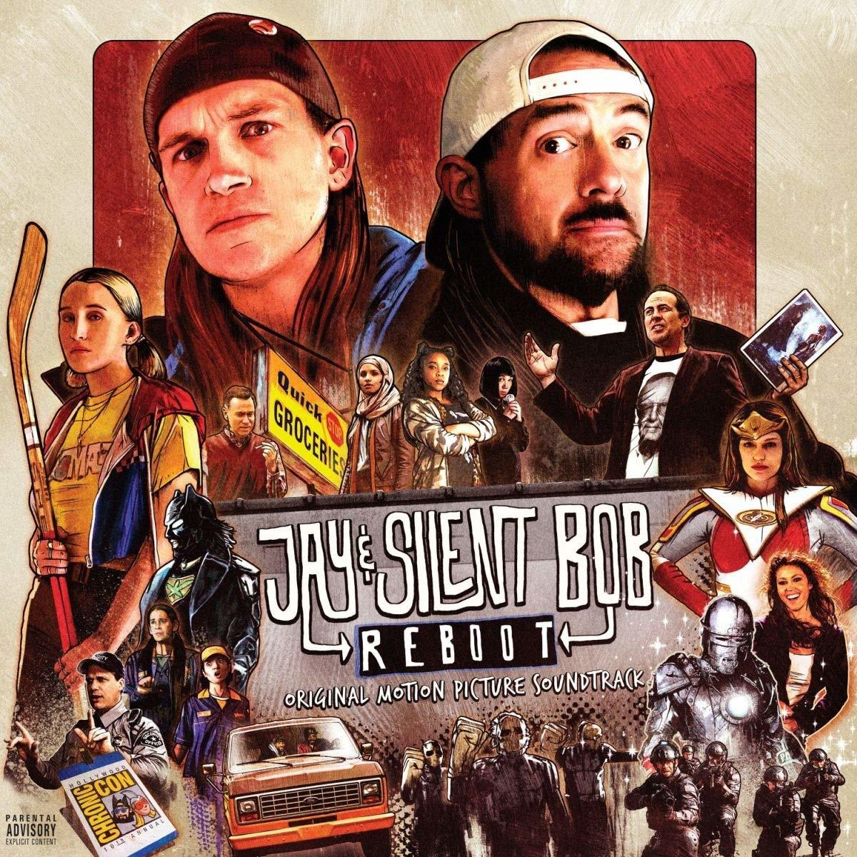Albumcover mit vielen Charakteren, darunter Jay und Silent Bob, im Comic-Stil.