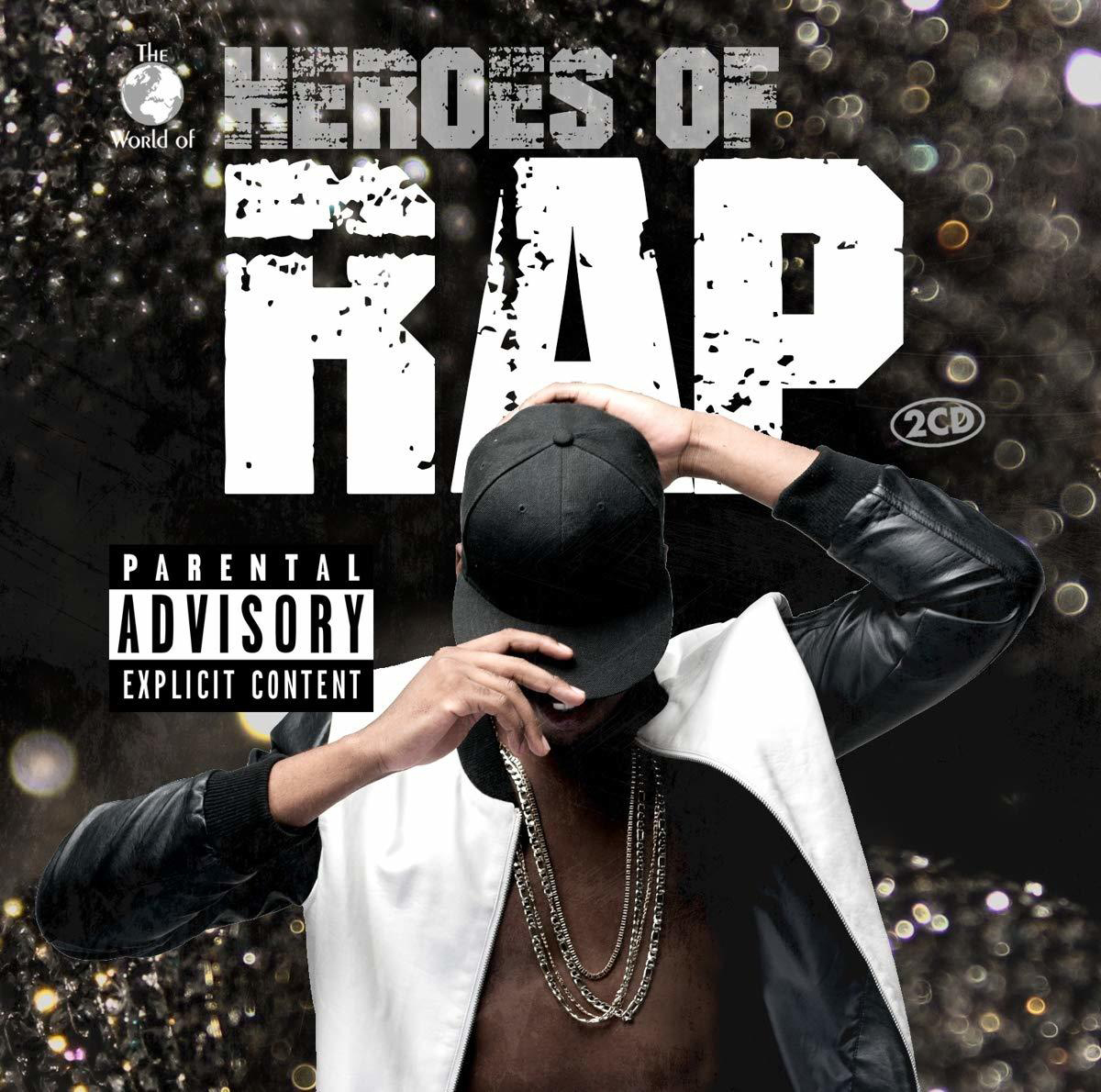 Albumcover. Schwarzer Mann mit Kappe, Kette, Titel: Heroes of Rap. Parental Advisory.