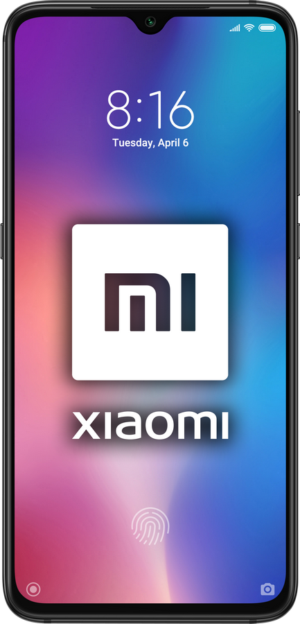 Un teléfono Xiaomi que muestra su logotipo y la hora, sobre un fondo colorido.