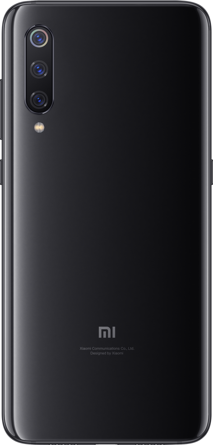 Parte trasera de teléfono Xiaomi negro con triple cámara, flash y logo Xiaomi, con texto 'Designed by Xiaomi'.