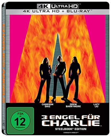 DVD-Cover für '3 Engel für Charlie' mit drei Frauen vor feurigem, pinkem Hintergrund.