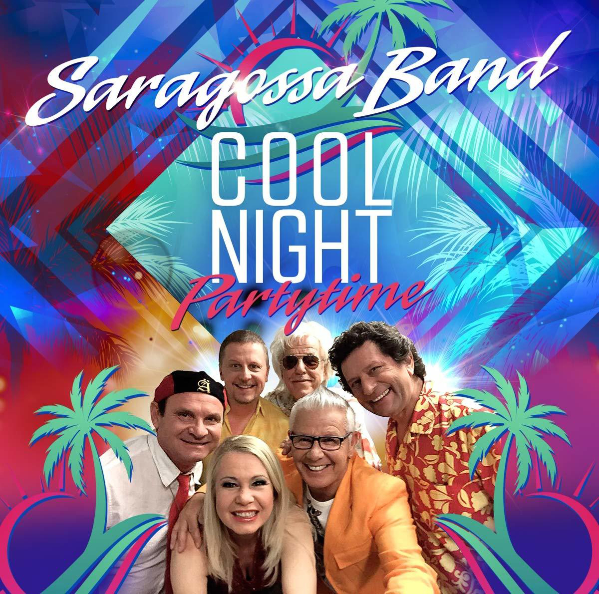 Die Saragossa Band mit einer Gruppe von Leuten auf dem Cover mit farbenfrohem Hintergrund.