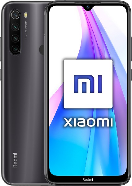 Un teléfono Xiaomi Redmi negro. La pantalla muestra el logotipo de Xiaomi y el texto 'Xiaomi' sobre un fondo azul.