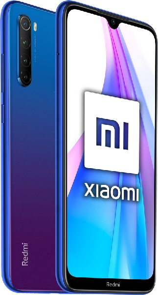 Un teléfono Xiaomi Redmi azul y morado. Tiene un logotipo y la palabra 'Xiaomi' en la pantalla.