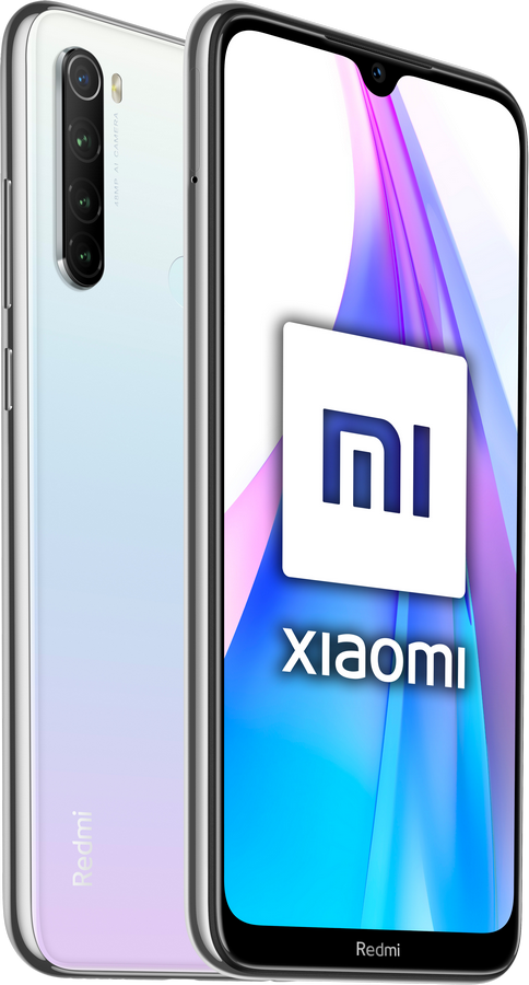 Teléfono Xiaomi blanco y morado, mostrado por detrás y por delante. Logotipo de Xiaomi visible.