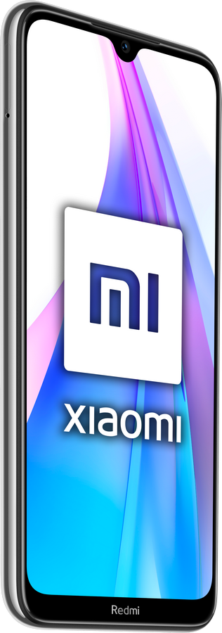Un teléfono Xiaomi blanco y azul, en ángulo para mostrar la pantalla y un fondo blanco.