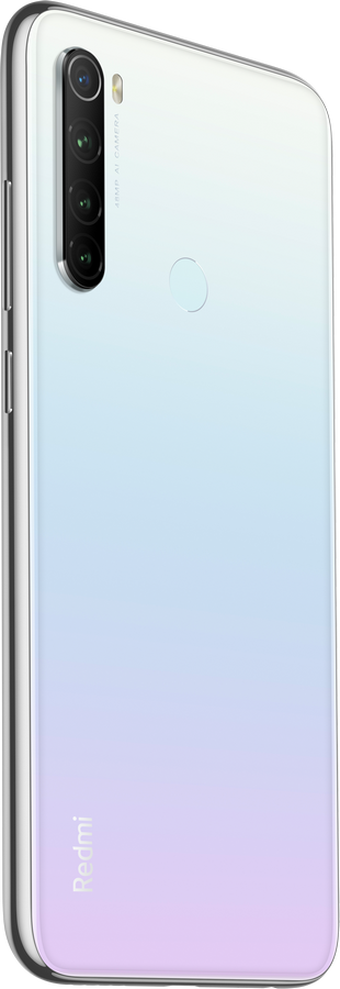 Un teléfono Redmi degradado blanco y azul, vista trasera.
