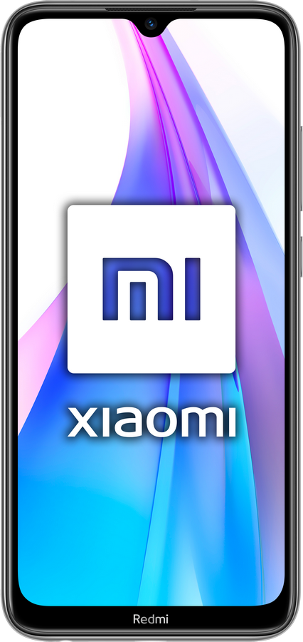 Teléfono Xiaomi con logo en pantalla. Fondo degradado azul y morado. Texto Redmi en la parte inferior.