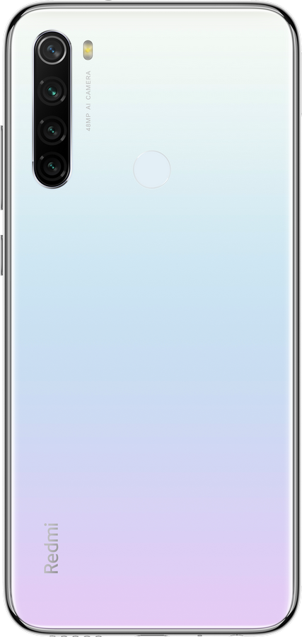 Parte trasera de un teléfono Xiaomi Redmi blanco con varias cámaras y el logotipo de Redmi.