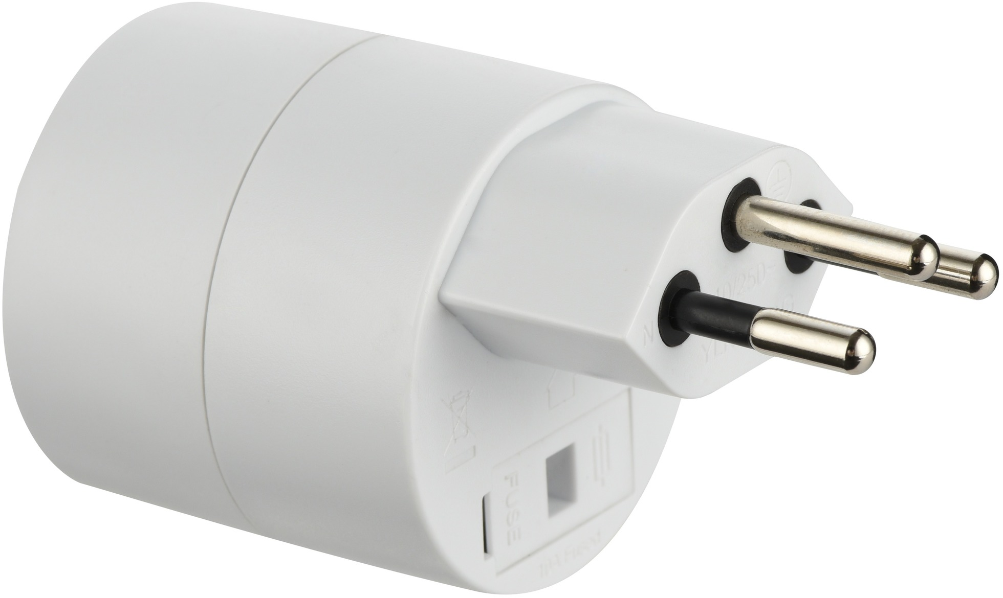 Un adattatore di alimentazione bianco con spina europea, progettato per prese elettriche.